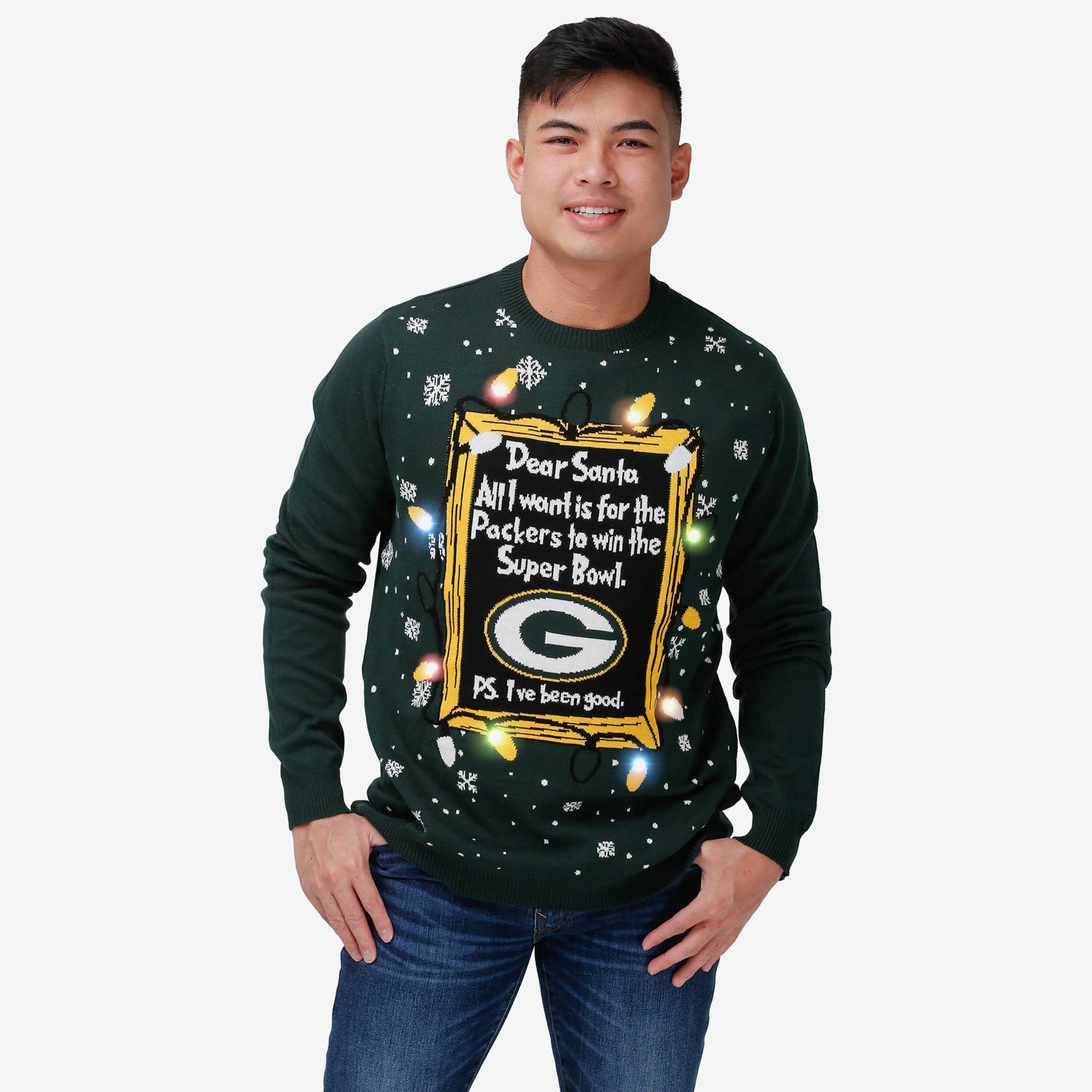 FOCO Green Bay Packers NFL Mens Dear Santa Light Up Sweater