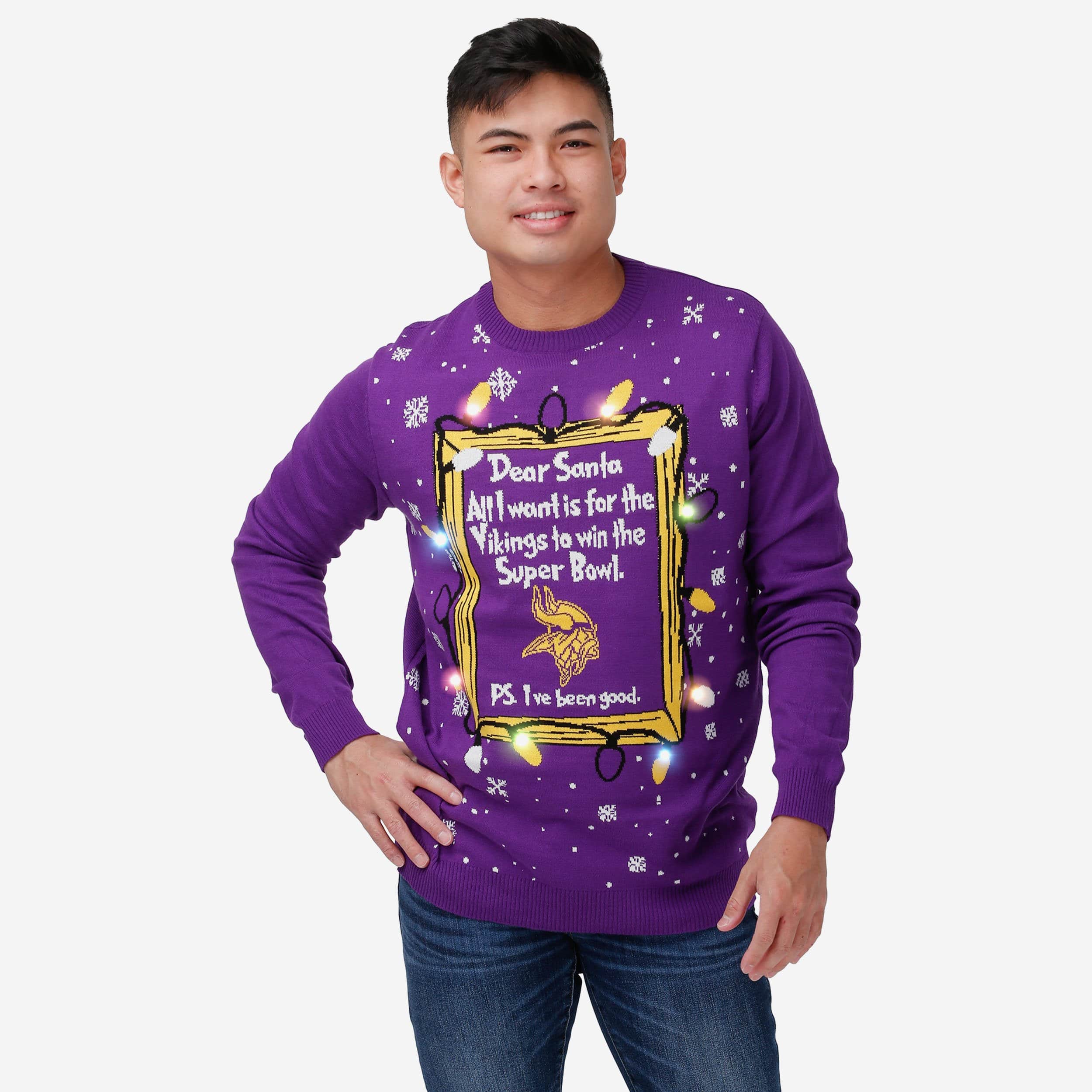 FOCO Minnesota Vikings NFL Mens Dear Santa Light Up Sweater