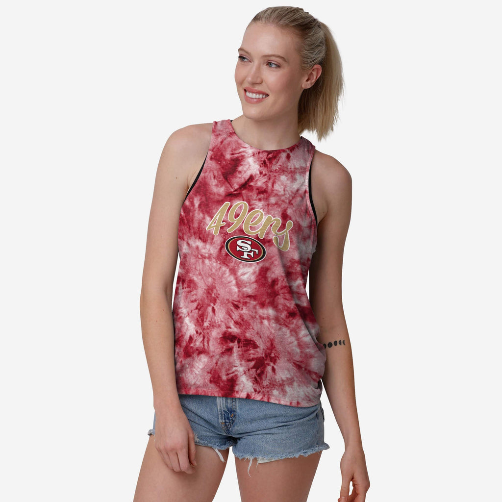 San Francisco 49ers Womens Script Wordmark Tie-Dye Tie-Breaker Sleeveless Top FOCO S - FOCO.com