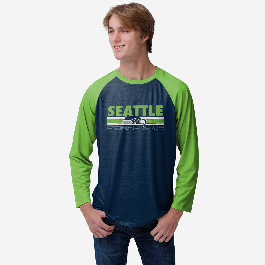 Seattle Seahawks Colorblock Wordmark Raglan T-Shirt FOCO S - FOCO.com