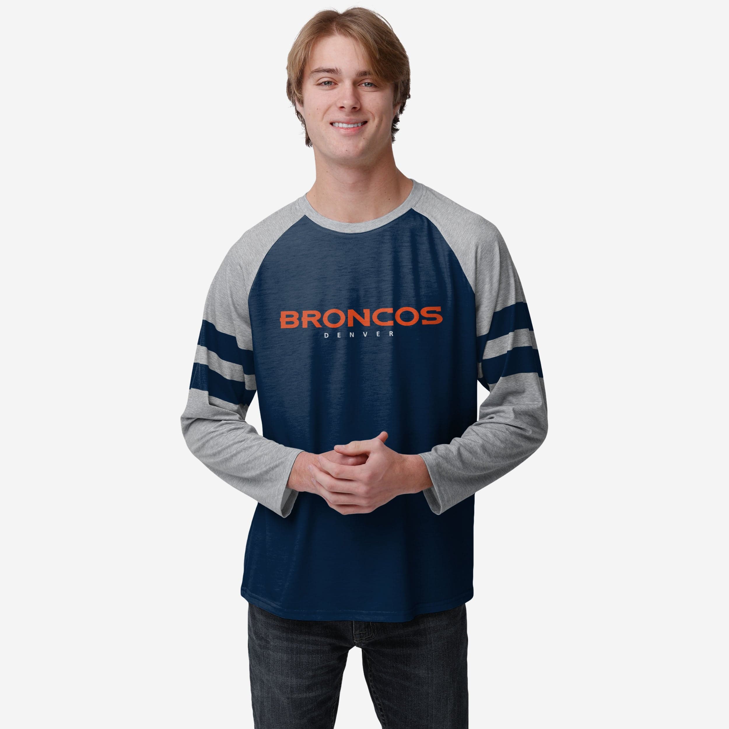 FOCO Denver Broncos NFL Womens Script Wordmark Striped Sleeve Raglan T-Shirt