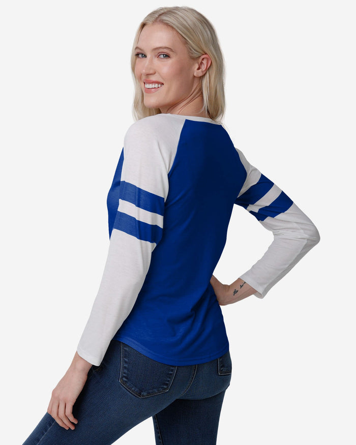 Buffalo Bills Womens Script Wordmark Striped Sleeve Raglan T-Shirt FOCO - FOCO.com