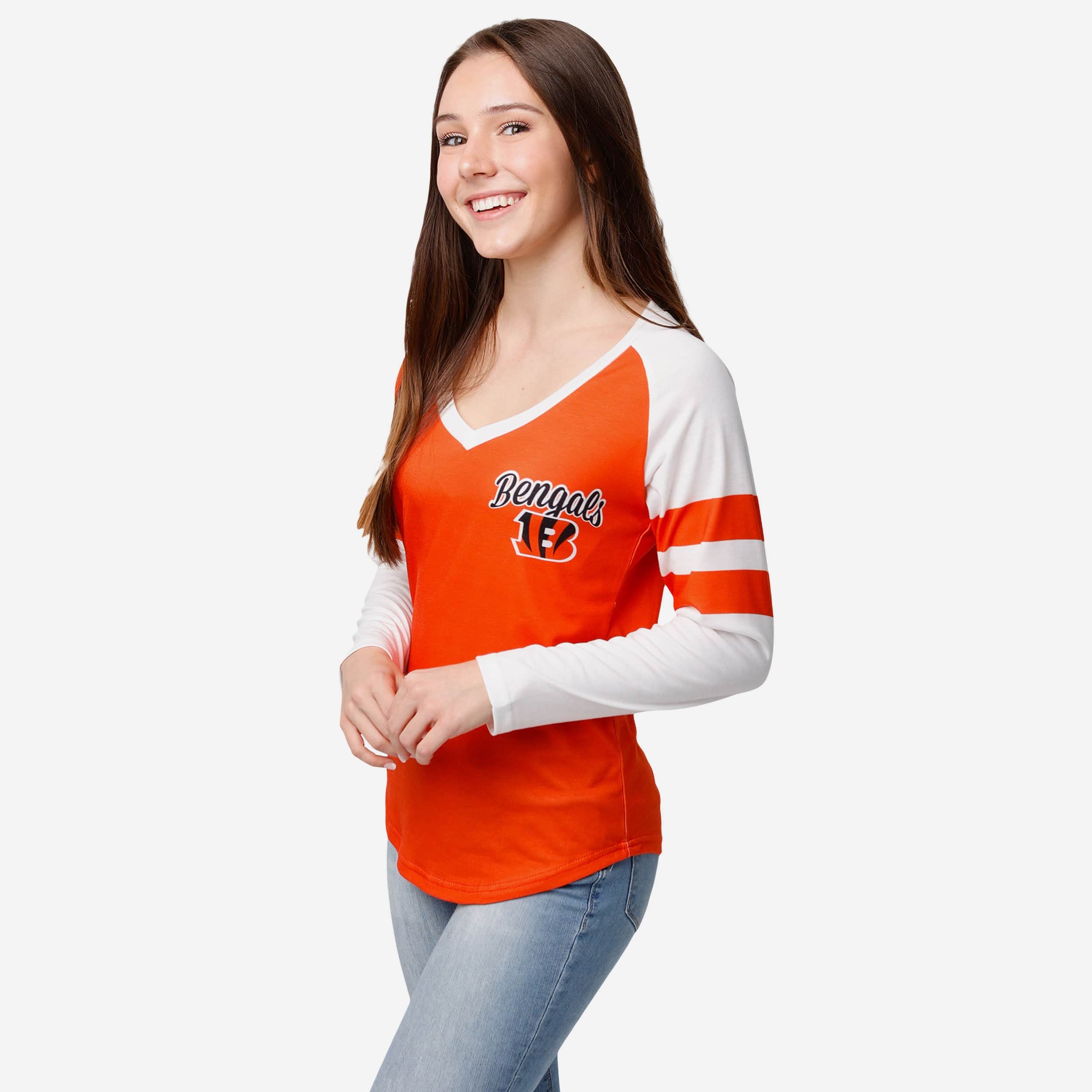 FOCO Cincinnati Bengals NFL Womens Script Wordmark Striped Sleeve Raglan Shirt