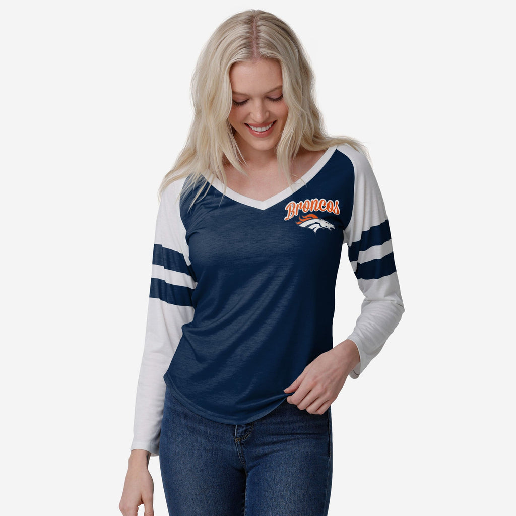 Denver Broncos Womens Script Wordmark Striped Sleeve Raglan T-Shirt FOCO S - FOCO.com