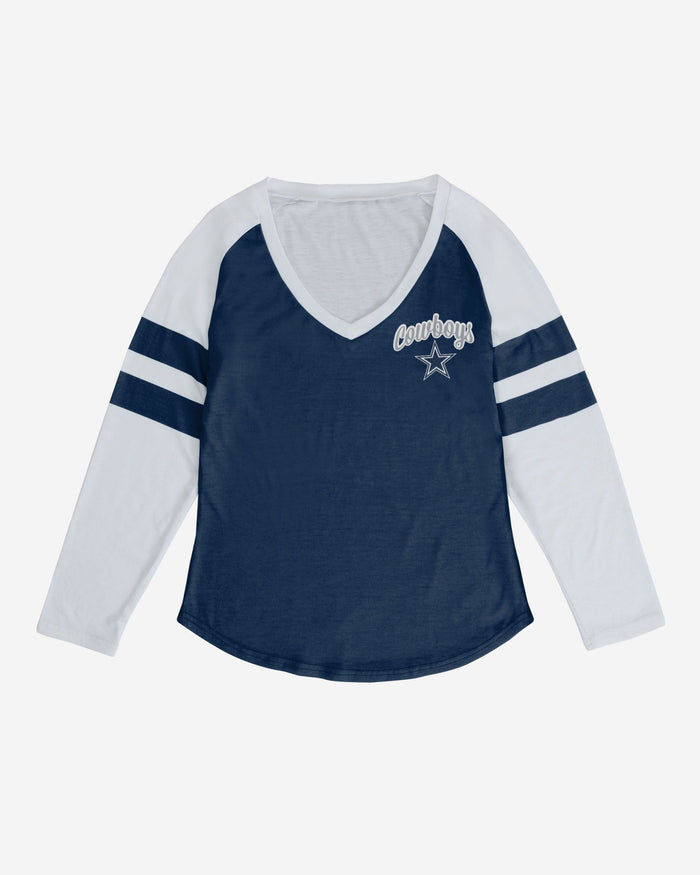 Dallas Cowboys Womens Script Wordmark Striped Sleeve Raglan T-Shirt FOCO - FOCO.com