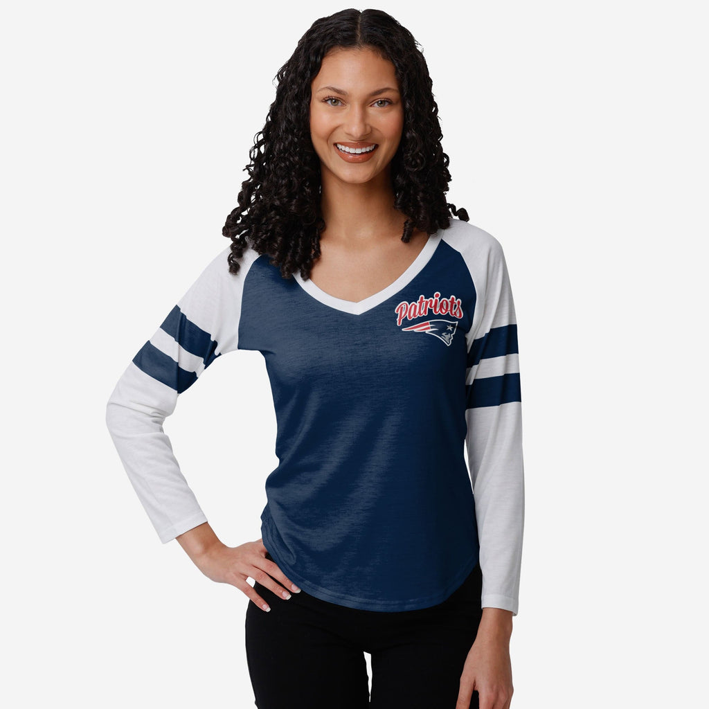 New England Patriots Womens Script Wordmark Striped Sleeve Raglan T-Shirt FOCO S - FOCO.com