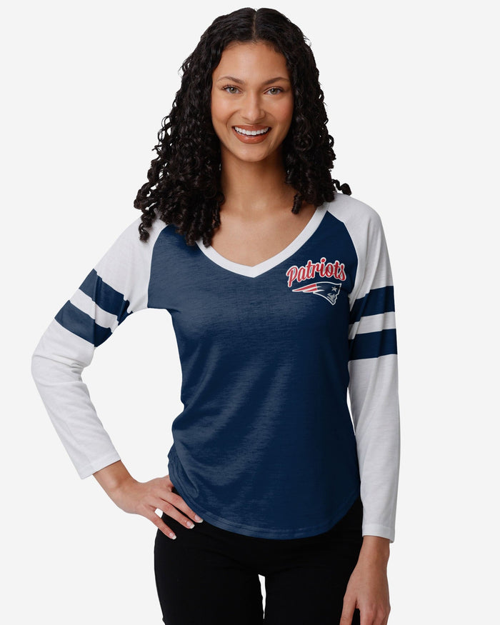 New England Patriots Womens Script Wordmark Striped Sleeve Raglan T-Shirt FOCO S - FOCO.com