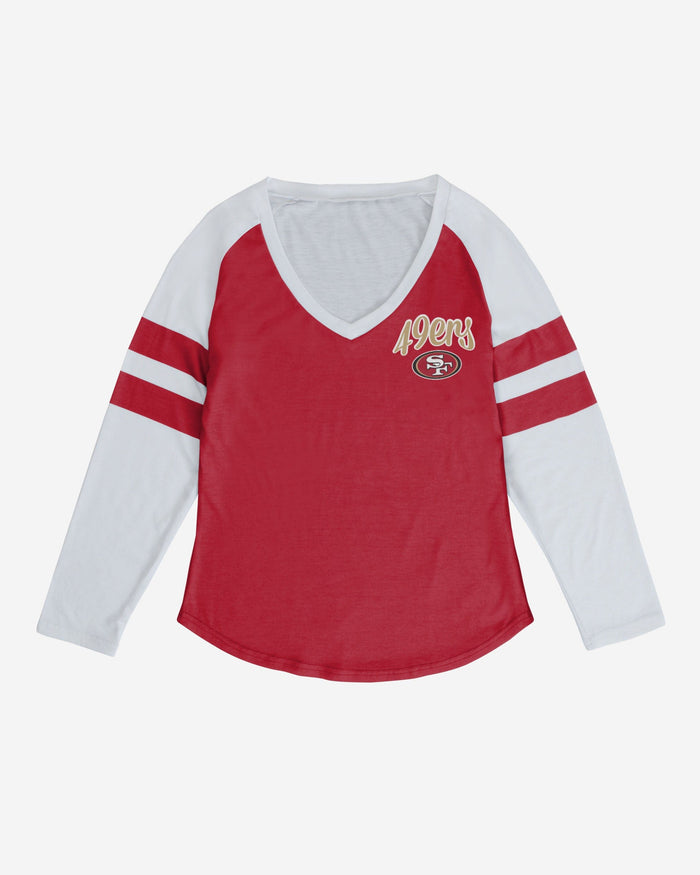 San Francisco 49ers Womens Script Wordmark Striped Sleeve Raglan T-Shirt FOCO - FOCO.com