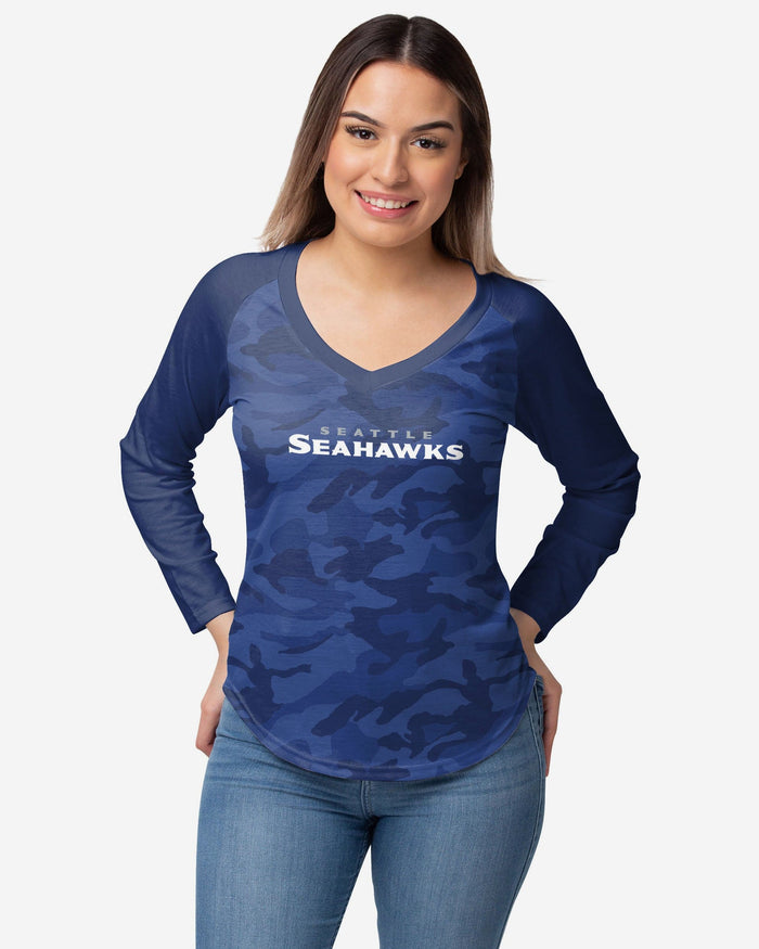 Seattle Seahawks Womens Wordmark Tonal Camo Raglan T-Shirt FOCO S - FOCO.com