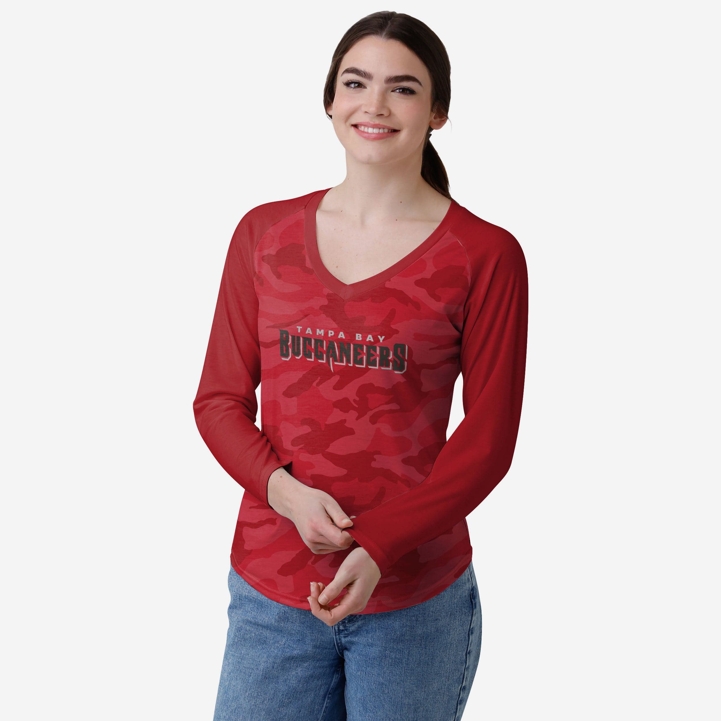 FOCO Tampa Bay Buccaneers NFL Womens Script Wordmark Striped Sleeve Raglan T-Shirt