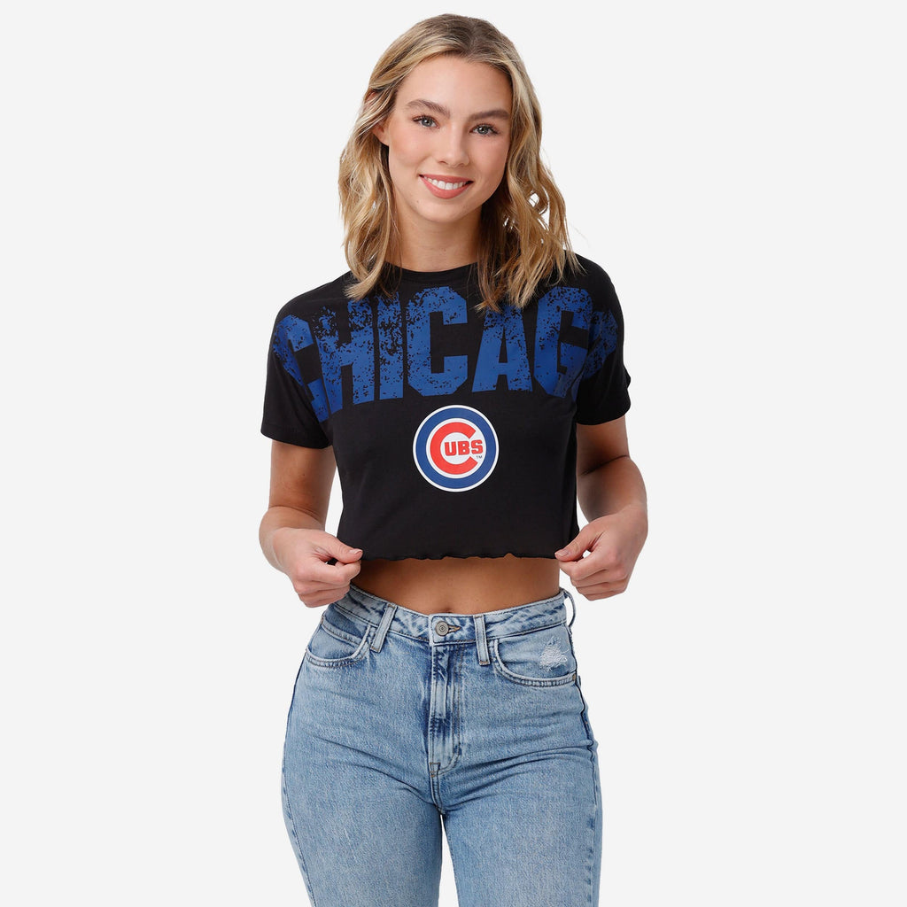 Chicago Cubs Womens Petite Distressed Wordmark Crop Top FOCO S - FOCO.com