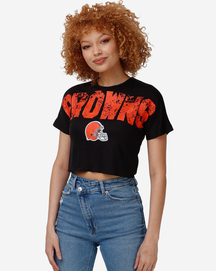 Cleveland Browns Womens Petite Distressed Wordmark Crop Top FOCO S - FOCO.com