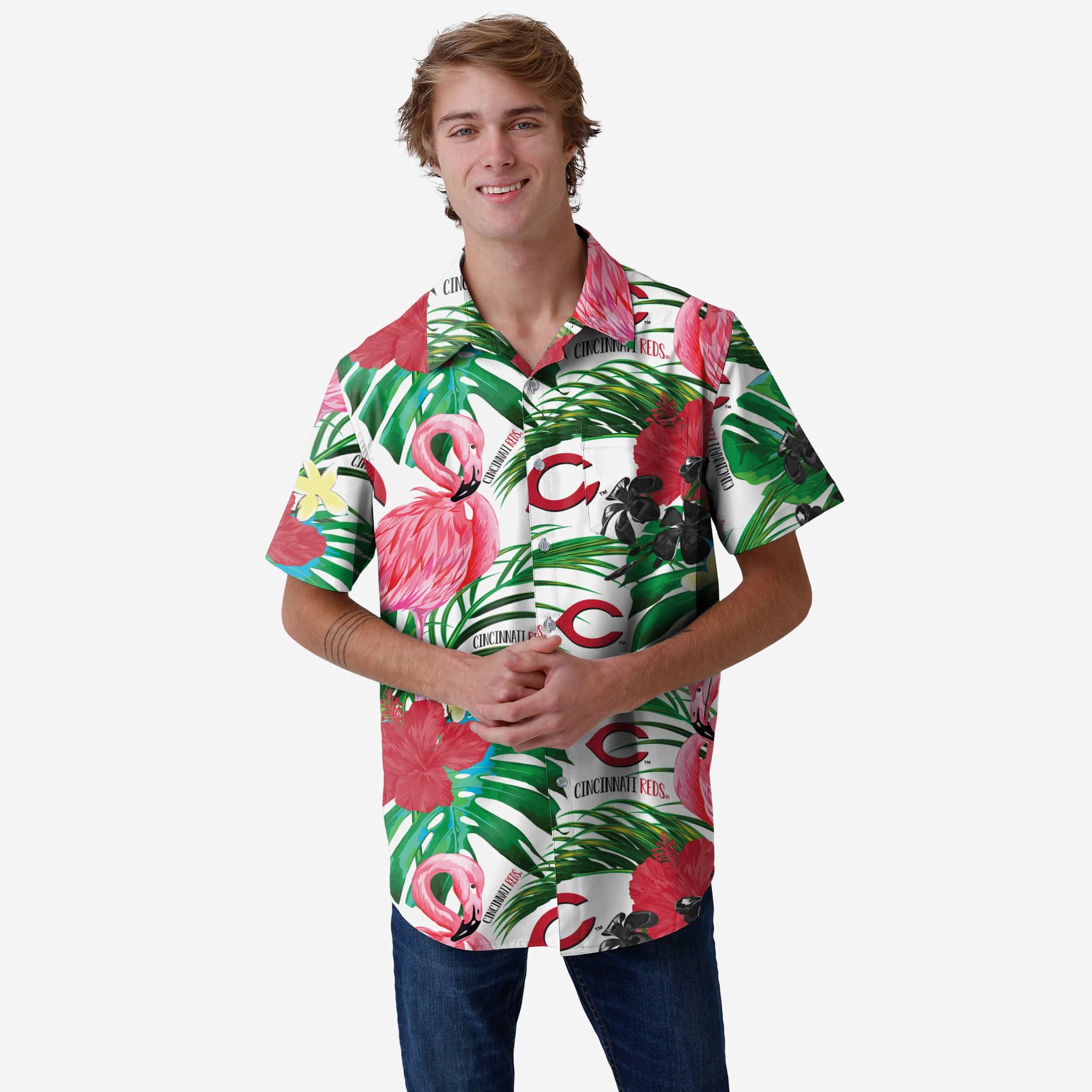 FOCO Texas Rangers Flamingo Button Up Shirt, Mens Size: M