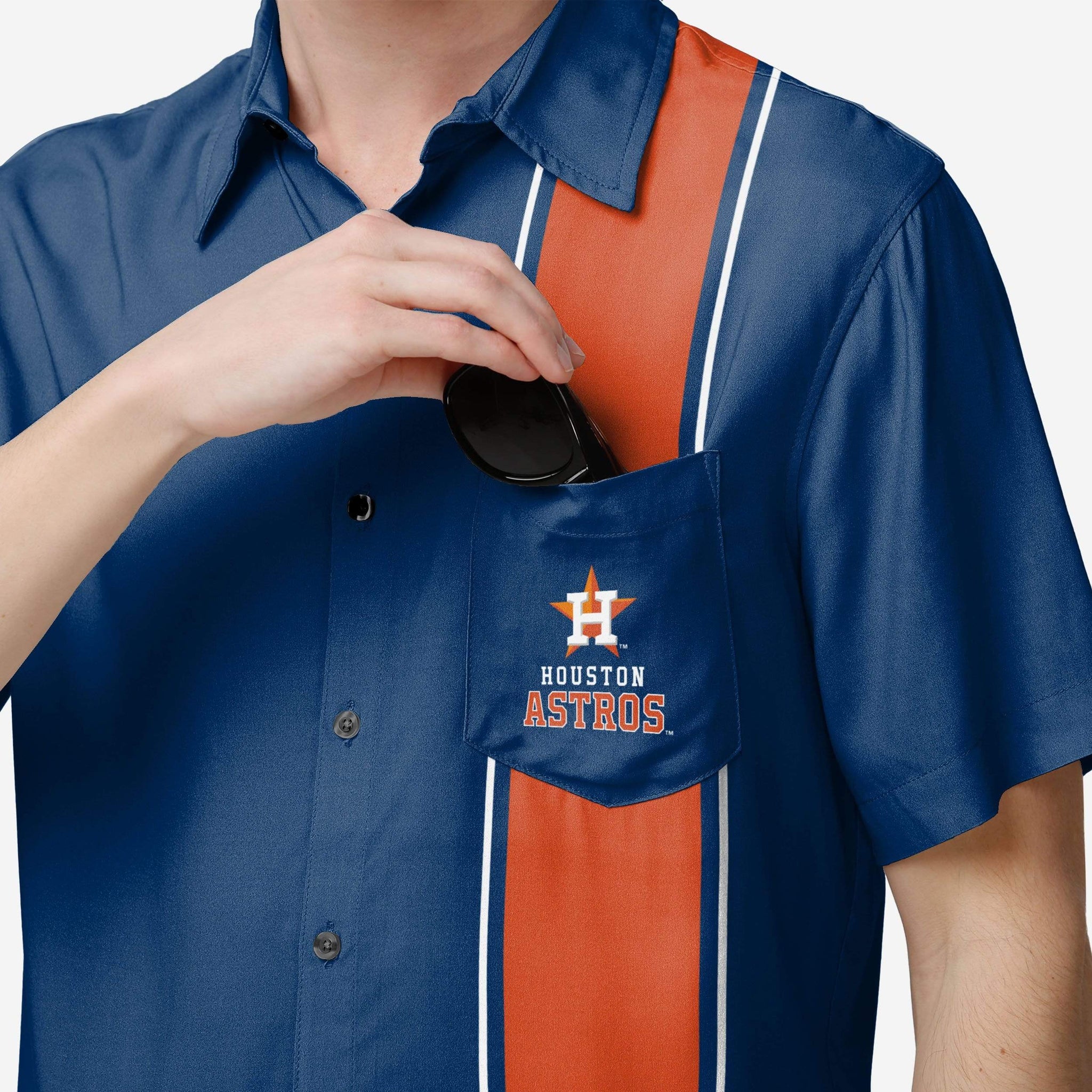 FOCO Houston Astros Bowling Stripe Button Up Shirt, Mens Size: L