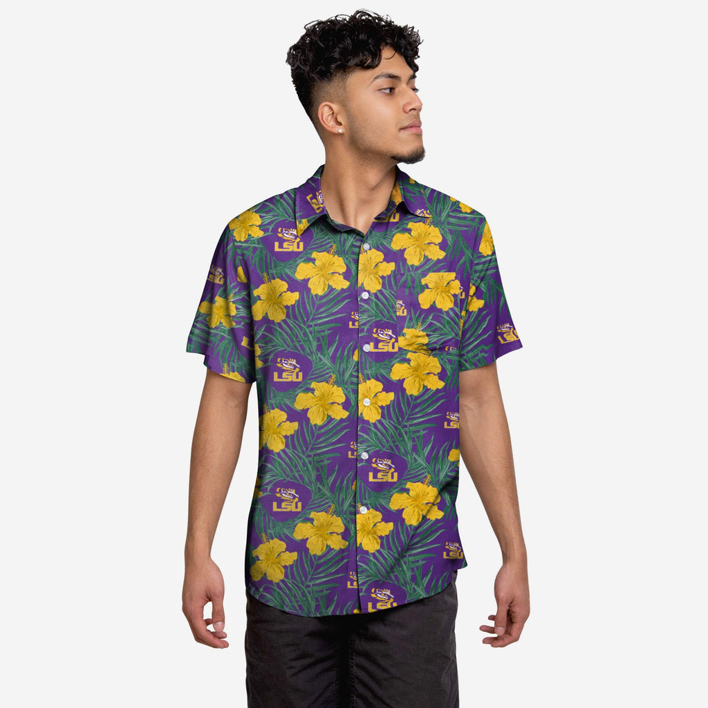 LSU Tigers Hibiscus Button Up Shirt FOCO S - FOCO.com