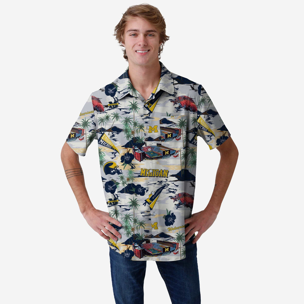 Michigan Wolverines Thematic Stadium Print Button Up Shirt FOCO S - FOCO.com