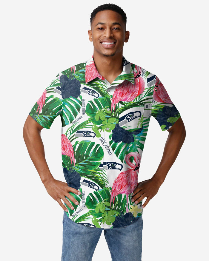 FOCO Seattle Seahawks Flamingo Button Up Shirt, Mens Size: S