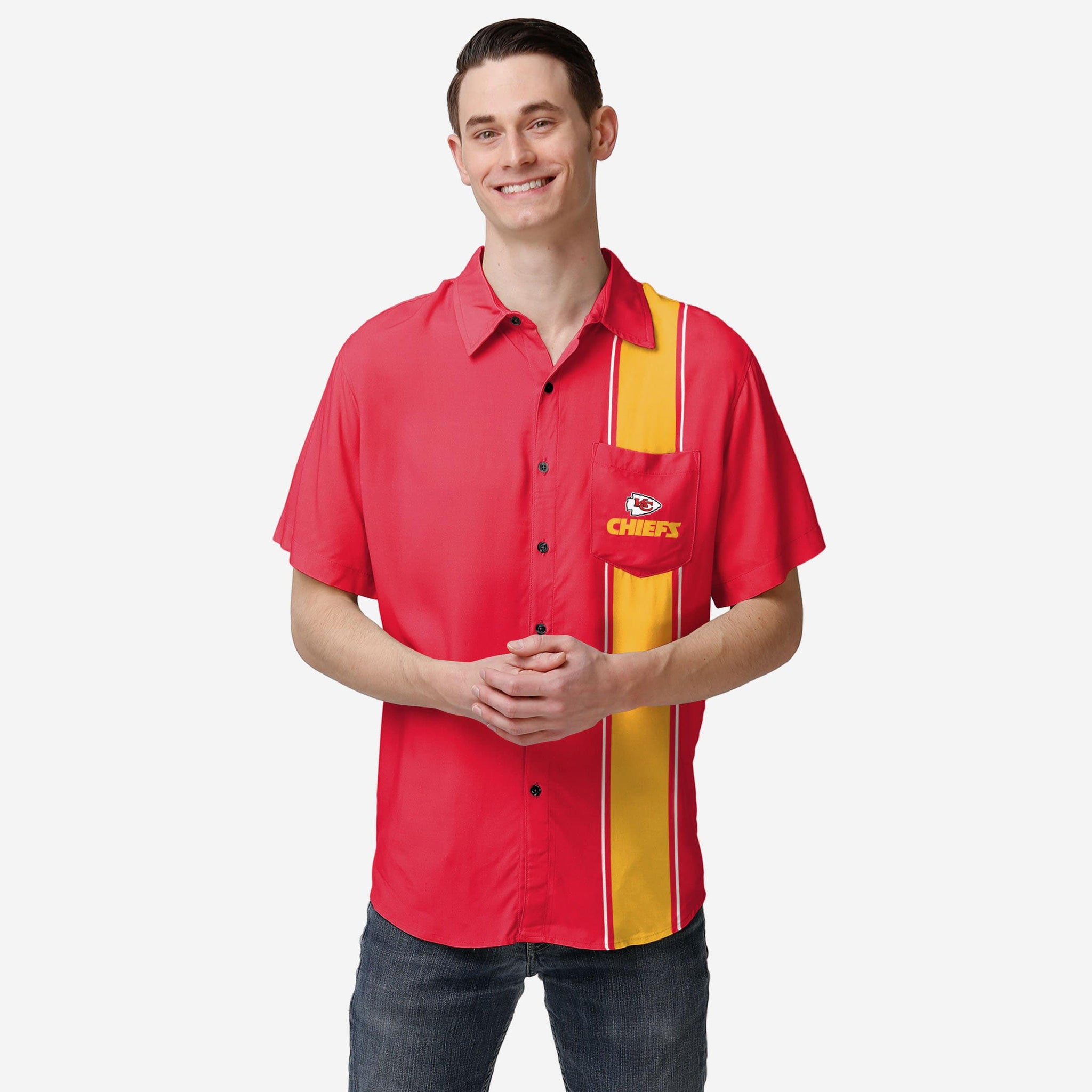 FOCO Kansas City Chiefs NFL Mens Bowling Stripe Button Up Shirt