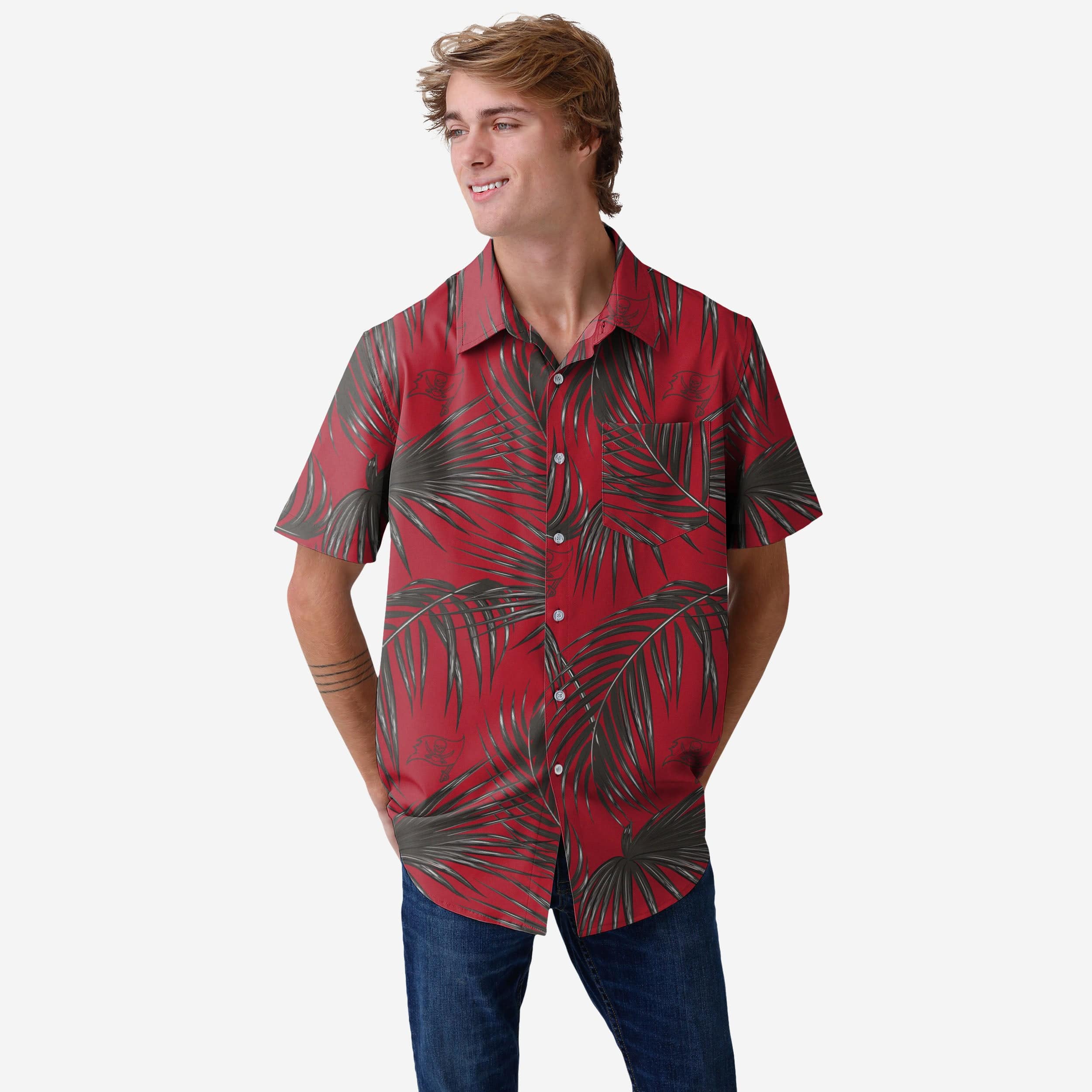 FOCO Tampa Bay Buccaneers NFL Mens Hawaiian Button Up Shirt