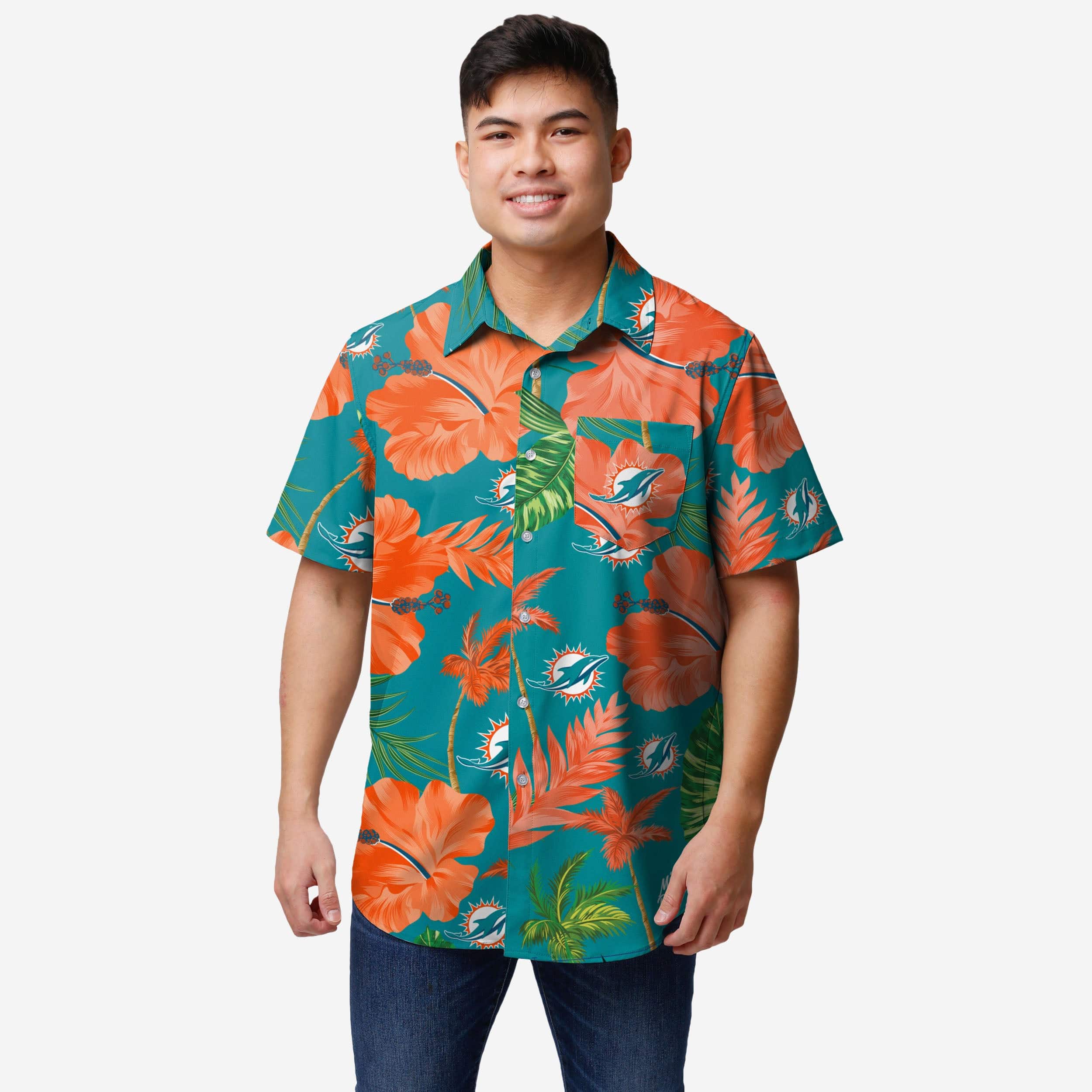 FOCO Miami Dolphins NFL Mens Team Color Hibiscus Button Up Shirt