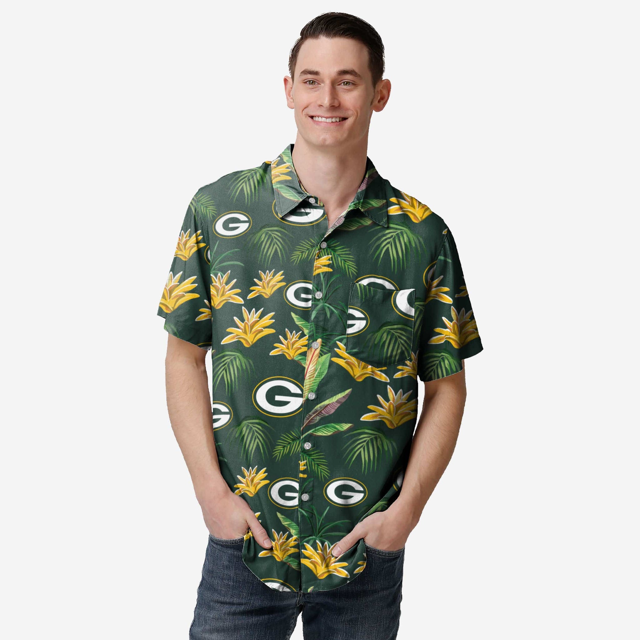 FOCO Green Bay Packers NFL Mens Victory Vacay Button Up Shirt