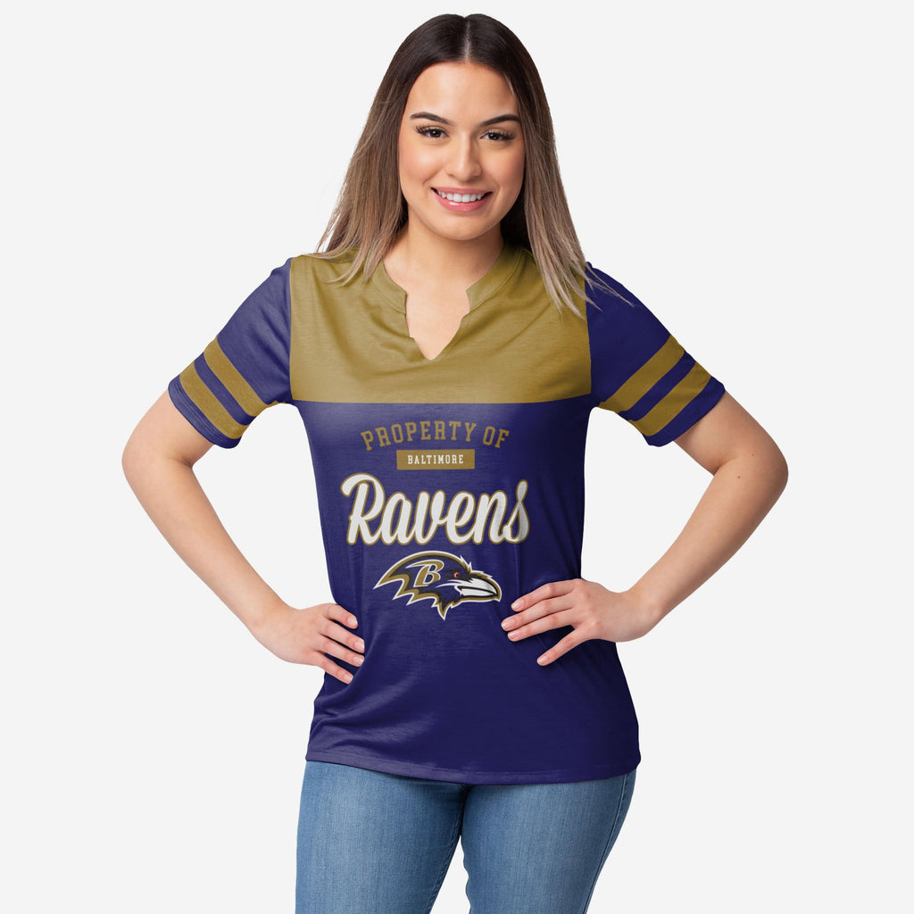 Baltimore Ravens Womens Team Stripe Property Of V-Neck T-Shirt FOCO S - FOCO.com